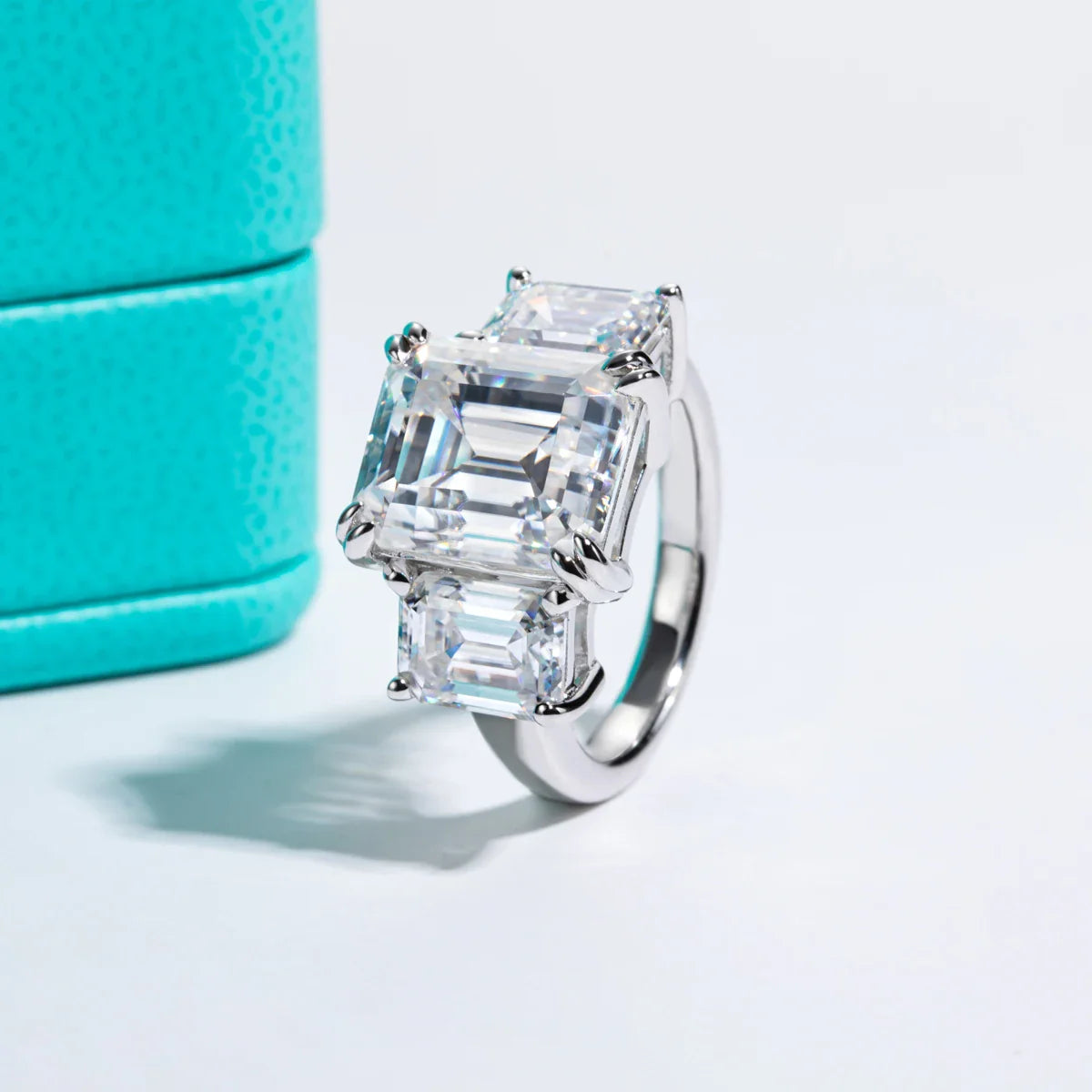 12 CTTW 3 Stone Emerald Cut Moissanite Engagement Ring